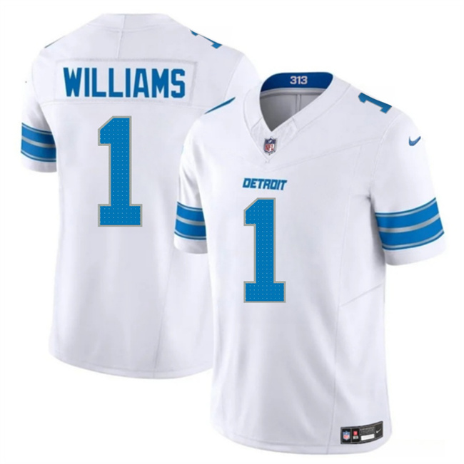 Men's Detroit Lions #1 Jameson Williams White 2025 F.U.S.E. Vapor Limited Stitched Jersey Men's Detroit Lions #1 Jameson Williams White 2025 F.U.S.E. Vapor Limited Stitched Jersey