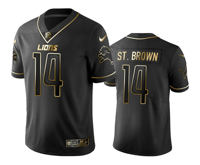 Men's Detroit Lions #14 Amon-Ra St. Brown Black Gold Edition Stitched Jersey Men's Detroit Lions #14 Amon-Ra St. Brown Black Gold Edition Stitched Jersey