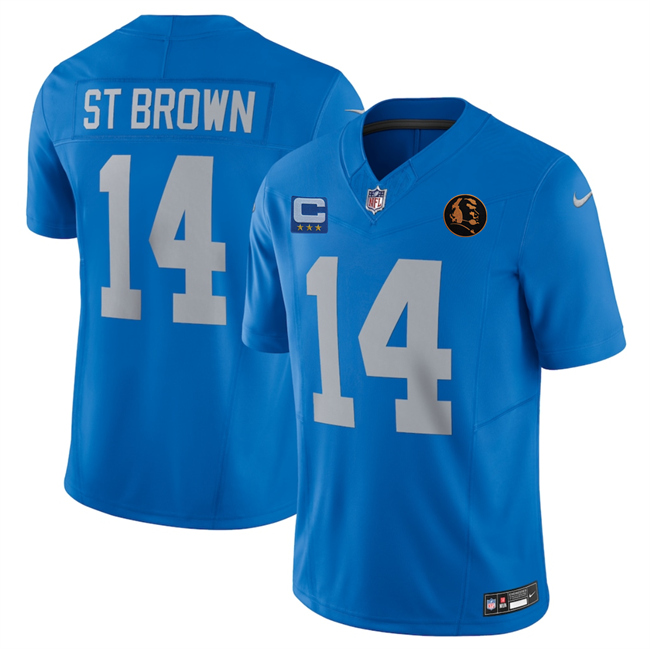 Men's Detroit Lions #14 Amon-Ra St. Brown Blue 2025 F.U.S.E. With 4 -Star C Patch And John Madden Patch Vapor Limited Stitched Jersey Men's Detroit Lions #14 Amon-Ra St. Brown Blue 2025 F.U.S.E. With 4 -Star C Patch And John Madden Patch Vapor Limited Stitched Jersey