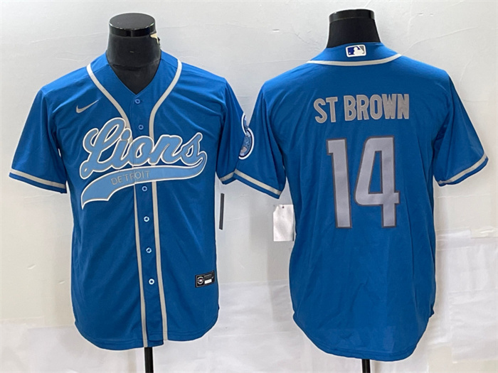 Men's Detroit Lions #14 Amon-Ra St. Brown Blue Cool Base Stitched Baseball Jersey Men's Detroit Lions #14 Amon-Ra St. Brown Blue Cool Base Stitched Baseball Jersey