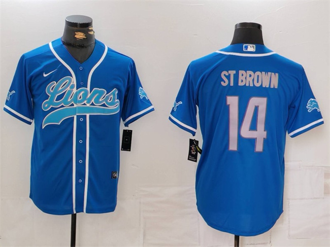Men's Detroit Lions #14 Amon-Ra St. Brown Blue Cool Base Stitched Baseball Jersey1