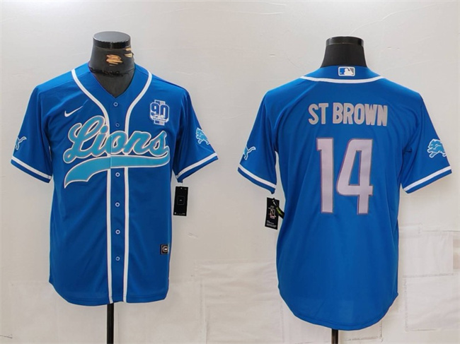 Men's Detroit Lions #14 Amon-Ra St. Brown Blue With 90th Anniversary Patch Cool Base Stitched Baseball Jersey1