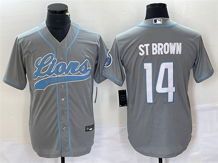 Men's Detroit Lions #14 Amon-Ra St. Brown Gray Cool Base Stitched Baseball Jersey Men's Detroit Lions #14 Amon-Ra St. Brown Gray Cool Base Stitched Baseball Jersey