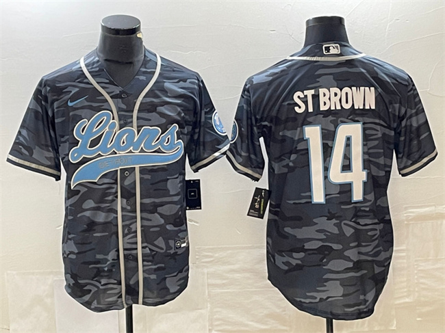 Men's Detroit Lions #14 Amon-Ra St. Brown Grey Camo Cool Base Stitched Baseball Jersey Men's Detroit Lions #14 Amon-Ra St. Brown Grey Camo Cool Base Stitched Baseball Jersey