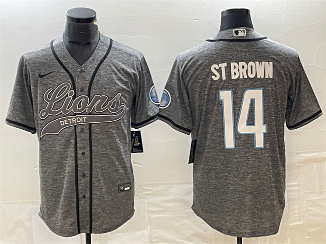 Men's Detroit Lions #14 Amon-Ra St. Brown Grey Cool Base Stitched Baseball Jersey Men's Detroit Lions #14 Amon-Ra St. Brown Grey Cool Base Stitched Baseball Jersey