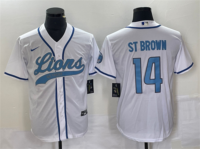 Men's Detroit Lions #14 Amon-Ra St. Brown White Cool Base Stitched Baseball Jersey Men's Detroit Lions #14 Amon-Ra St. Brown White Cool Base Stitched Baseball Jersey