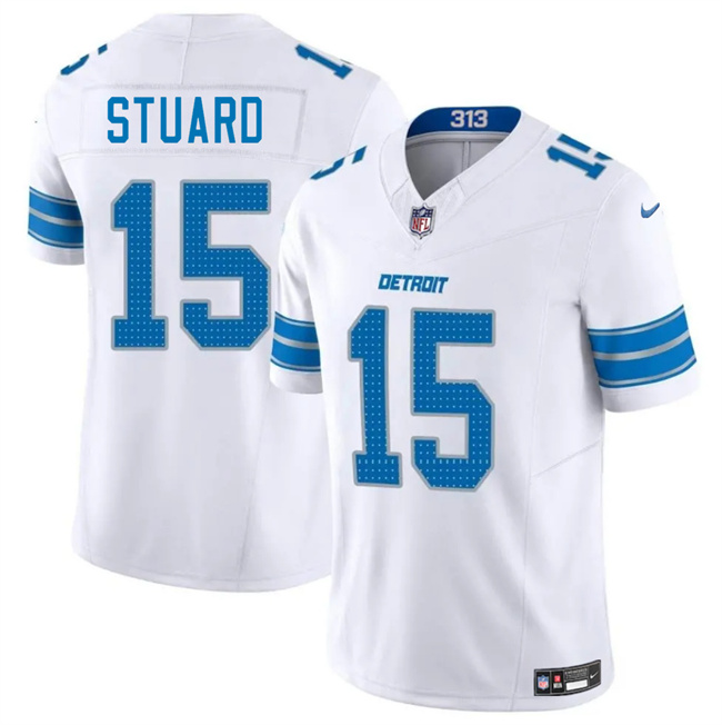 Men's Detroit Lions #15 Grant Stuard White 2025 F.U.S.E. Vapor Limited Stitched Jersey Men's Detroit Lions #15 Grant Stuard White 2025 F.U.S.E. Vapor Limited Stitched Jersey