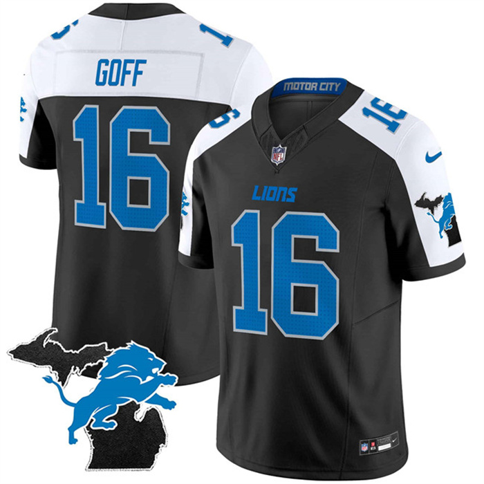 Men's Detroit Lions #16 Jared Goff Black White F.U.S.E. 2024 Michigan Patch Vapor Limited Stitched Jersey