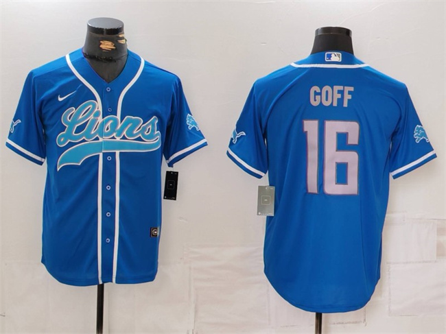 Men's Detroit Lions #16 Jared Goff Blue Cool Base Stitched Baseball Jersey1