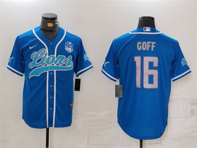 Men's Detroit Lions #16 Jared Goff Blue With 90th Anniversary Patch Cool Base Stitched Baseball Jersey1