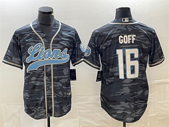 Men's Detroit Lions #16 Jared Goff Grey Camo Cool Base Stitched Baseball Jersey Men's Detroit Lions #16 Jared Goff Grey Camo Cool Base Stitched Baseball Jersey