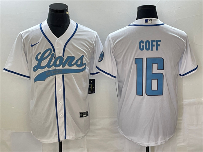 Men's Detroit Lions #16 Jared Goff White Cool Base Stitched Baseball Jersey Men's Detroit Lions #16 Jared Goff White Cool Base Stitched Baseball Jersey