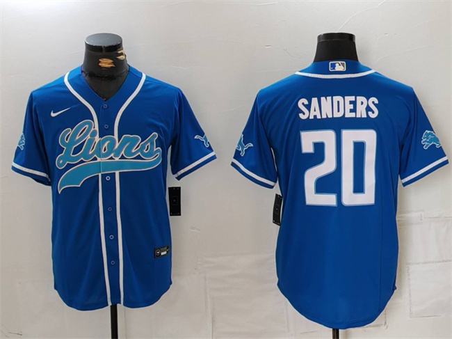 Men's Detroit Lions #20 Barry Sanders Blue Cool Base Stitched Baseball Jersey1