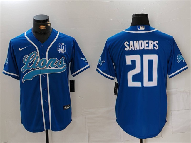Men's Detroit Lions #20 Barry Sanders Blue With 90th Anniversary Patch Cool Base Stitched Baseball Jersey1