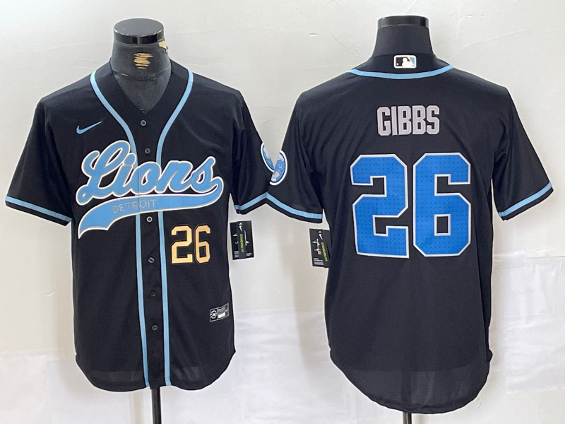 Men's Detroit Lions #26 Jahmyr Gibbs Black Cool Base Stitched Baseball Jersey 1 Men's Detroit Lions #26 Jahmyr Gibbs Black Cool Base Stitched Baseball Jersey 1