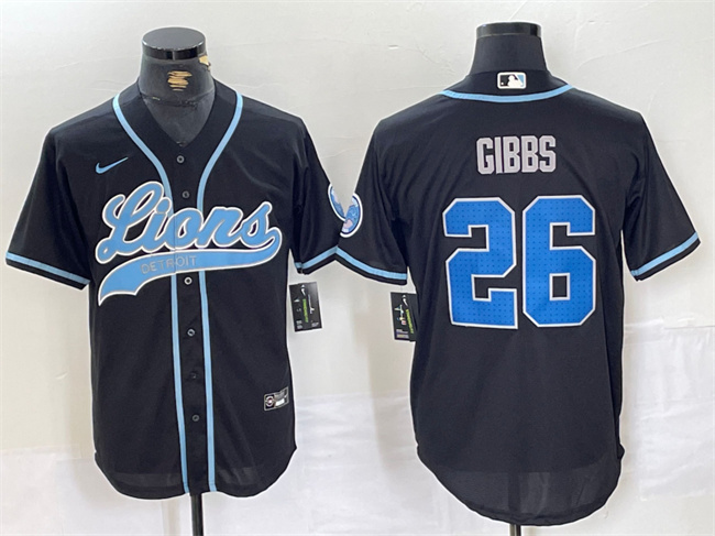 Men's Detroit Lions #26 Jahmyr Gibbs Black Cool Base Stitched Baseball Jersey Men's Detroit Lions #26 Jahmyr Gibbs Black Cool Base Stitched Baseball Jersey