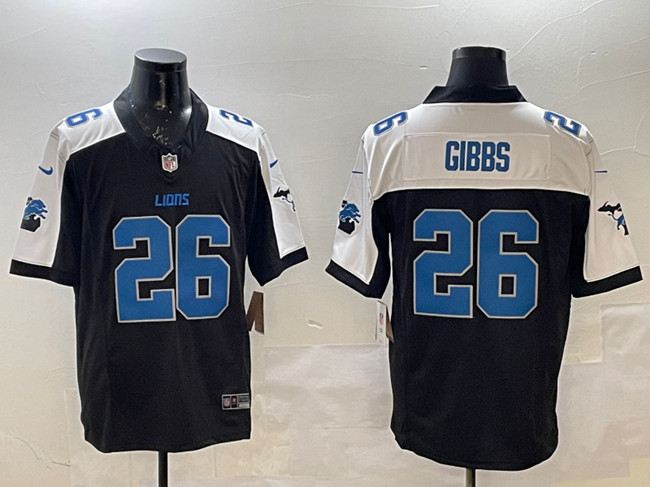 Men's Detroit Lions #26 Jahmyr Gibbs Black White F.U.S.E. 2024 Michigan Patch Vapor Limited Stitched Jersey