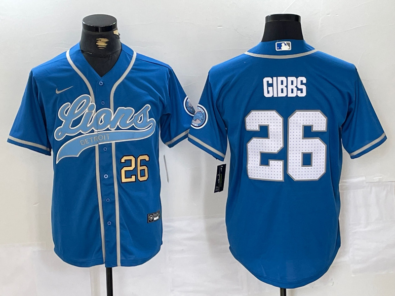 Men's Detroit Lions #26 Jahmyr Gibbs Blue Cool Base Stitched Baseball Jersey 1 Men's Detroit Lions #26 Jahmyr Gibbs Blue Cool Base Stitched Baseball Jersey 1