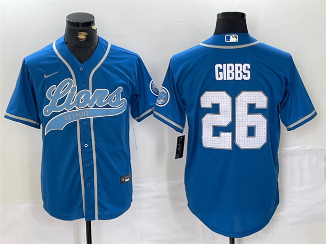 Men's Detroit Lions #26 Jahmyr Gibbs Blue Cool Base Stitched Baseball Jersey Men's Detroit Lions #26 Jahmyr Gibbs Blue Cool Base Stitched Baseball Jersey
