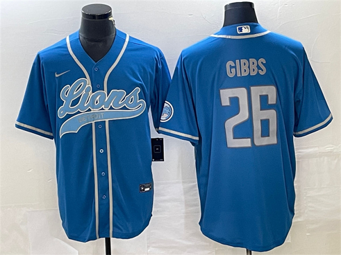 Men's Detroit Lions #26 Jahmyr Gibbs Blue Cool Base Stitched Baseball Jersey Men's Detroit Lions #26 Jahmyr Gibbs Blue Cool Base Stitched Baseball Jersey