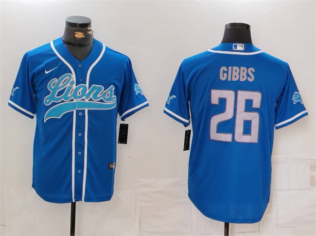 Men's Detroit Lions #26 Jahmyr Gibbs Blue Cool Base Stitched Baseball Jersey1