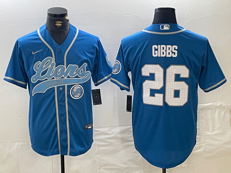 Men's Detroit Lions #26 Jahmyr Gibbs Blue Cool Base Stitched Baseball Jersey2