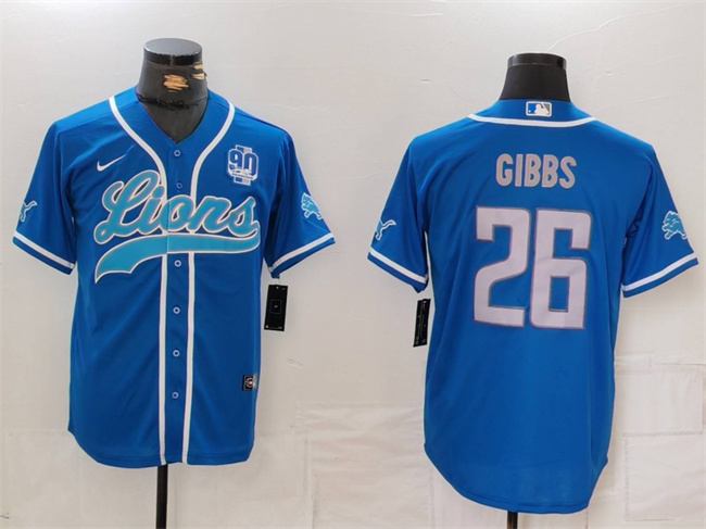 Men's Detroit Lions #26 Jahmyr Gibbs Blue With 90th Anniversary Patch Cool Base Stitched Baseball Jersey1