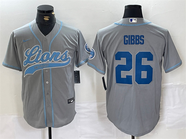 Men's Detroit Lions #26 Jahmyr Gibbs Grey Cool Base Stitched Baseball Jersey Men's Detroit Lions #26 Jahmyr Gibbs Grey Cool Base Stitched Baseball Jersey