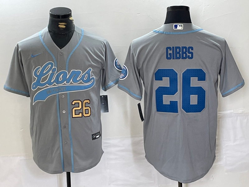 Men's Detroit Lions #26 Jahmyr Gibbs Grey Cool Base Stitched Baseball Jersey 1 Men's Detroit Lions #26 Jahmyr Gibbs Grey Cool Base Stitched Baseball Jersey 1