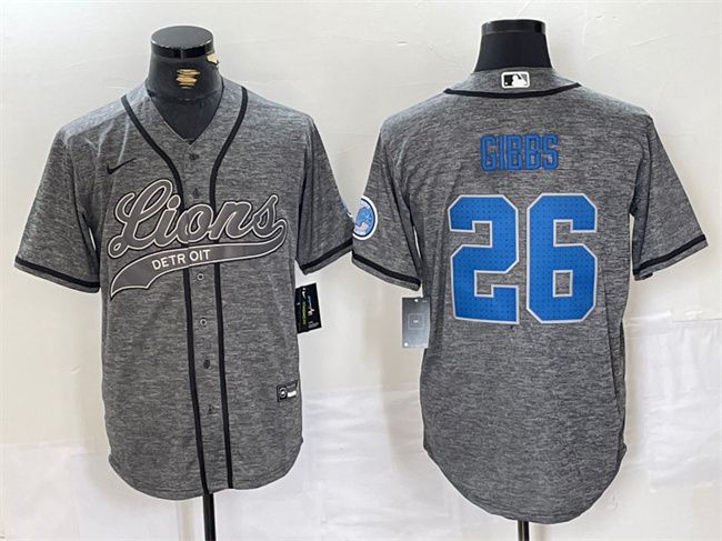 Men's Detroit Lions #26 Jahmyr Gibbs Grey Cool Base Stitched Baseball JerseyS Men's Detroit Lions #26 Jahmyr Gibbs Grey Cool Base Stitched Baseball JerseyS