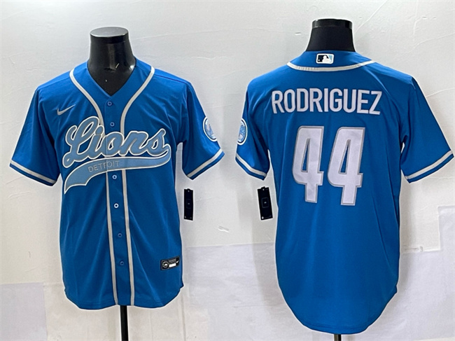 Men's Detroit Lions #44 Malcolm Rodriguez Blue Cool Base Stitched Baseball Jersey Men's Detroit Lions #44 Malcolm Rodriguez Blue Cool Base Stitched Baseball Jersey