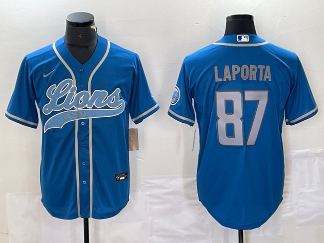 Men's Detroit Lions #87 Sam LaPorta Blue Cool Base Stitched Baseball Jersey Men's Detroit Lions #87 Sam LaPorta Blue Cool Base Stitched Baseball Jersey