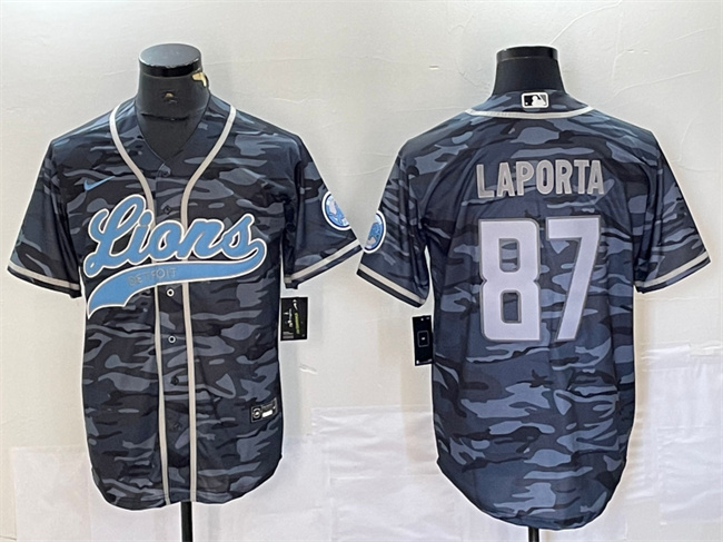Men's Detroit Lions #87 Sam LaPorta Grey Camo Cool Base Stitched Baseball Jersey Men's Detroit Lions #87 Sam LaPorta Grey Camo Cool Base Stitched Baseball Jersey