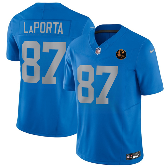 Men's Detroit Lions #87 Sam LaPorta Sam LaPorta Blue 2025 F.U.S.E.With John Madden Patch Vapor Limited Stitched Jersey Men's Detroit Lions #87 Sam LaPorta Sam LaPorta Blue 2025 F.U.S.E.With John Madden Patch Vapor Limited Stitched Jersey