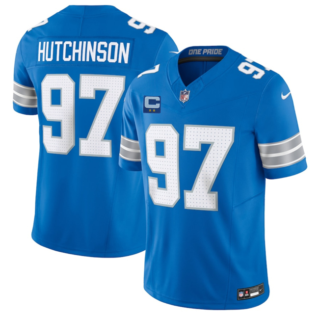 Men's Detroit Lions #97 Aidan Hutchinson Blue 2025 F.U.S.E. With 2-Star C Patch Vapor Limited Stitched Jersey Men's Detroit Lions #97 Aidan Hutchinson Blue 2025 F.U.S.E. With 2-Star C Patch Vapor Limited Stitched Jersey