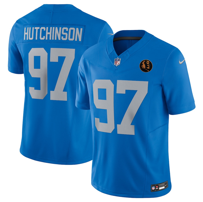 Men's Detroit Lions #97 Aidan Hutchinson Blue 2025 F.U.S.E.With John Madden Patch Vapor Limited Stitched Jersey Men's Detroit Lions #97 Aidan Hutchinson Blue 2025 F.U.S.E.With John Madden Patch Vapor Limited Stitched Jersey