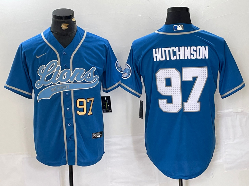 Men's Detroit Lions #97 Aidan Hutchinson Blue Cool Base Stitched Baseball Jersey 1 Men's Detroit Lions #97 Aidan Hutchinson Blue Cool Base Stitched Baseball Jersey 1