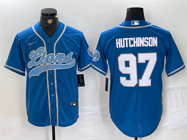 Men's Detroit Lions #97 Aidan Hutchinson Blue Cool Base Stitched Baseball Jersey Men's Detroit Lions #97 Aidan Hutchinson Blue Cool Base Stitched Baseball Jersey