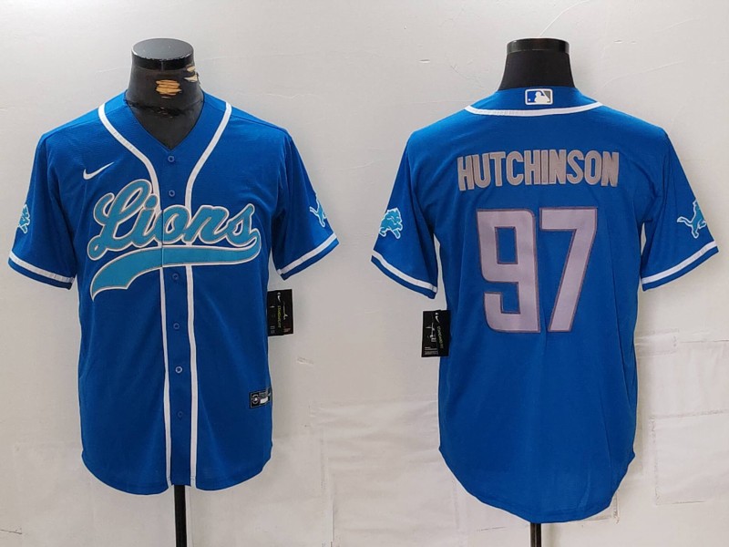 Men's Detroit Lions #97 Aidan Hutchinson Blue Cool Base Stitched Baseball Jersey1