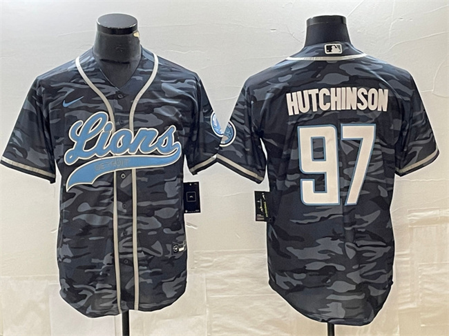 Men's Detroit Lions #97 Aidan Hutchinson Grey Camo Cool Base Stitched Baseball Jersey Men's Detroit Lions #97 Aidan Hutchinson Grey Camo Cool Base Stitched Baseball Jersey