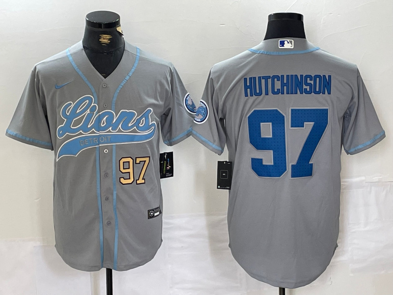 Men's Detroit Lions #97 Aidan Hutchinson Grey Cool Base Stitched Baseball Jersey 1 Men's Detroit Lions #97 Aidan Hutchinson Grey Cool Base Stitched Baseball Jersey 1