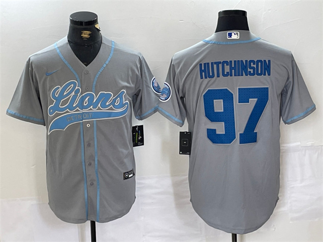 Men's Detroit Lions #97 Aidan Hutchinson Grey Cool Base Stitched Baseball Jersey Men's Detroit Lions #97 Aidan Hutchinson Grey Cool Base Stitched Baseball Jersey