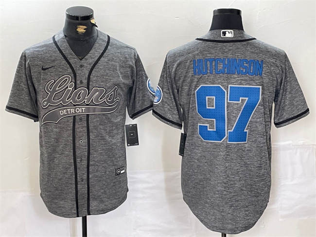 Men's Detroit Lions #97 Aidan Hutchinson Grey Cool Base Stitched Baseball JerseyS Men's Detroit Lions #97 Aidan Hutchinson Grey Cool Base Stitched Baseball JerseyS