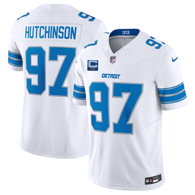 Men's Detroit Lions #97 Aidan Hutchinson White 2025 F.U.S.E. With 2-Star C Patch Vapor Limited Stitched Jersey Men's Detroit Lions #97 Aidan Hutchinson White 2025 F.U.S.E. With 2-Star C Patch Vapor Limited Stitched Jersey