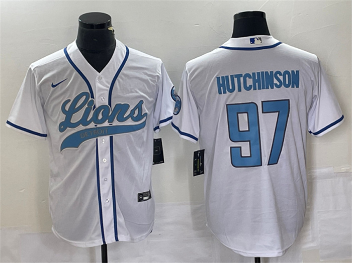 Men's Detroit Lions #97 Aidan Hutchinson White Cool Base Stitched Baseball Jersey Men's Detroit Lions #97 Aidan Hutchinson White Cool Base Stitched Baseball Jersey