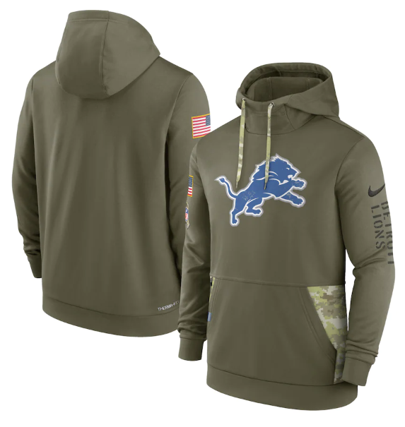 Men's Detroit Lions 2022 Olive Salute To Service Therma Performance Pullover Hoodie Men's Detroit Lions 2022 Olive Salute To Service Therma Performance Pullover Hoodie