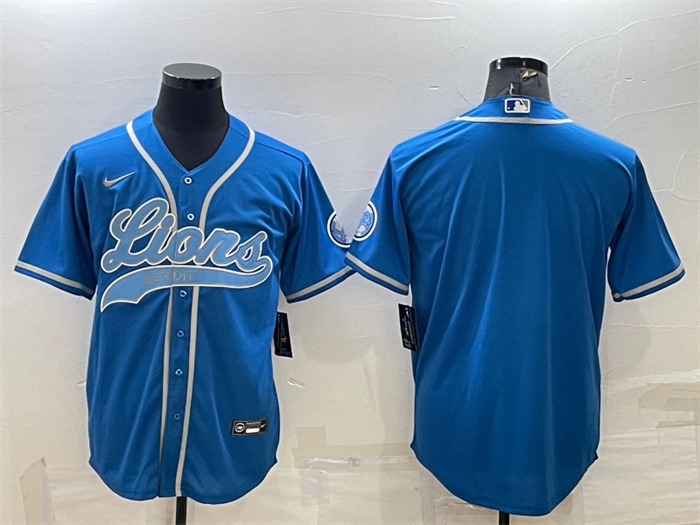 Men's Detroit Lions Blank Blue With Patch Cool Base Stitched Baseball Jersey Men's Detroit Lions Blank Blue With Patch Cool Base Stitched Baseball Jersey