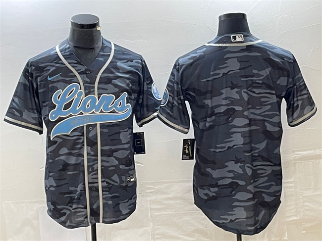 Men's Detroit Lions Blank Grey Camo Cool Base Stitched Baseball Jersey Men's Detroit Lions Blank Grey Camo Cool Base Stitched Baseball Jersey