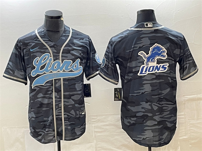 Men's Detroit Lions Grey Camo Team Big Logo Cool Base Stitched Baseball Jersey Men's Detroit Lions Grey Camo Team Big Logo Cool Base Stitched Baseball Jersey