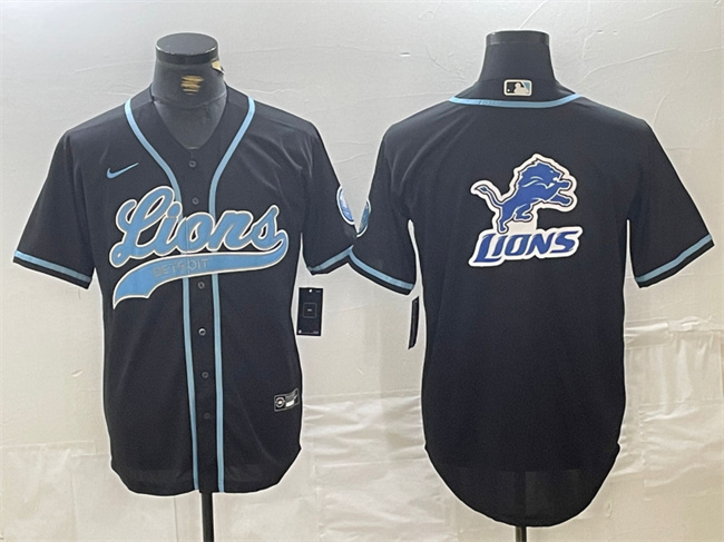 Men's Detroit Lions Team Big Logo Black Cool Base Stitched Baseball Jersey Men's Detroit Lions Team Big Logo Black Cool Base Stitched Baseball Jersey
